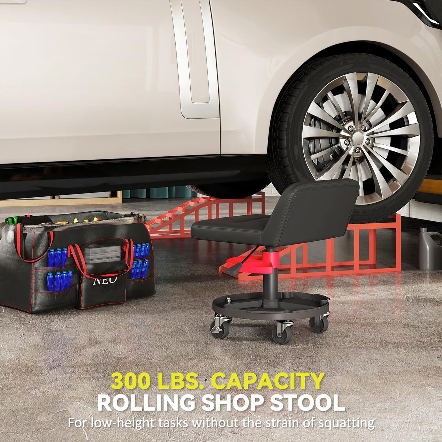 HOMCOM Rolling Mechanic Stool, 300 LBS Capacity Pneumatic Creeper Garage Stool with 360° Wheels, Backrest, Heavy Duty Roller Seat Padded Shop Chair with Tool Tray Storage, Adjustable Height, Black
