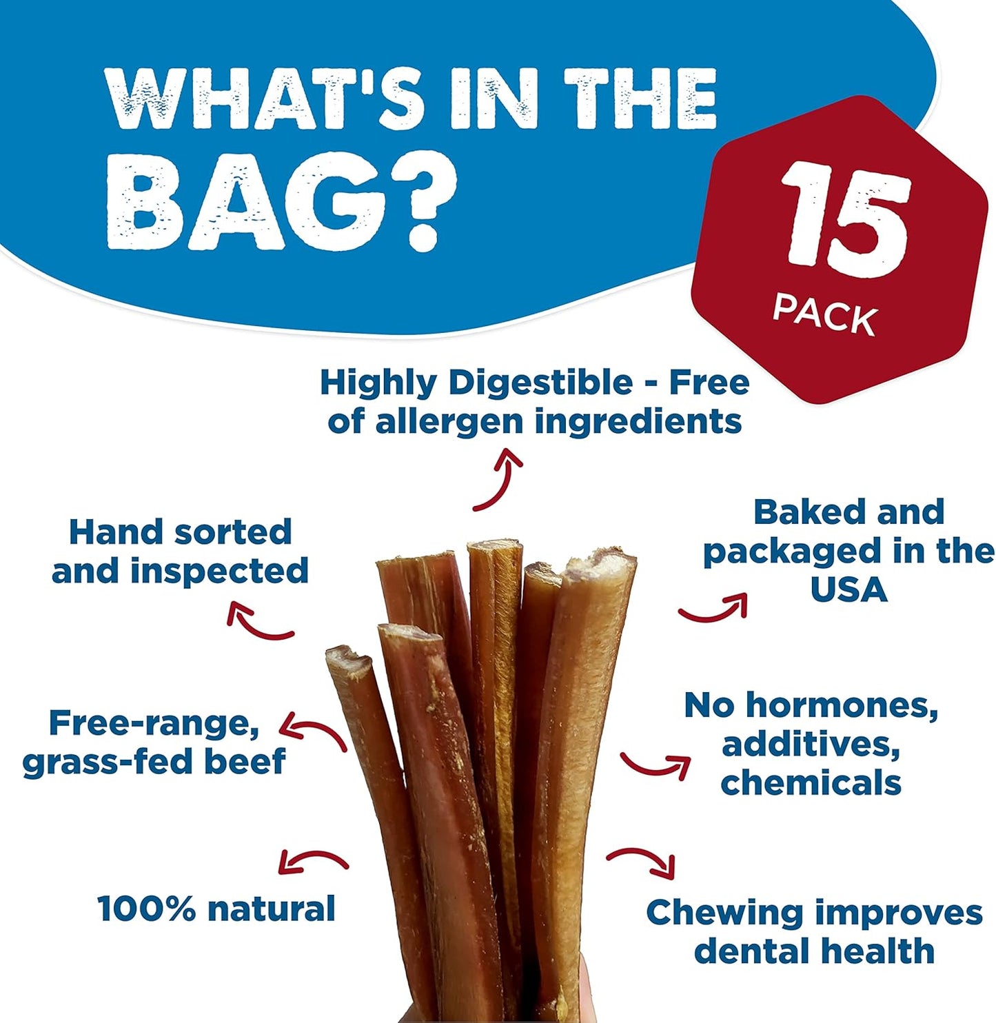 Best Bully Sticks 6 Inch Bully Sticks for Dogs - 15 Count (Pack of 1) - Natural, Easily Digestible, 100% Grass-Fed Beef, Grain and Rawhide Free