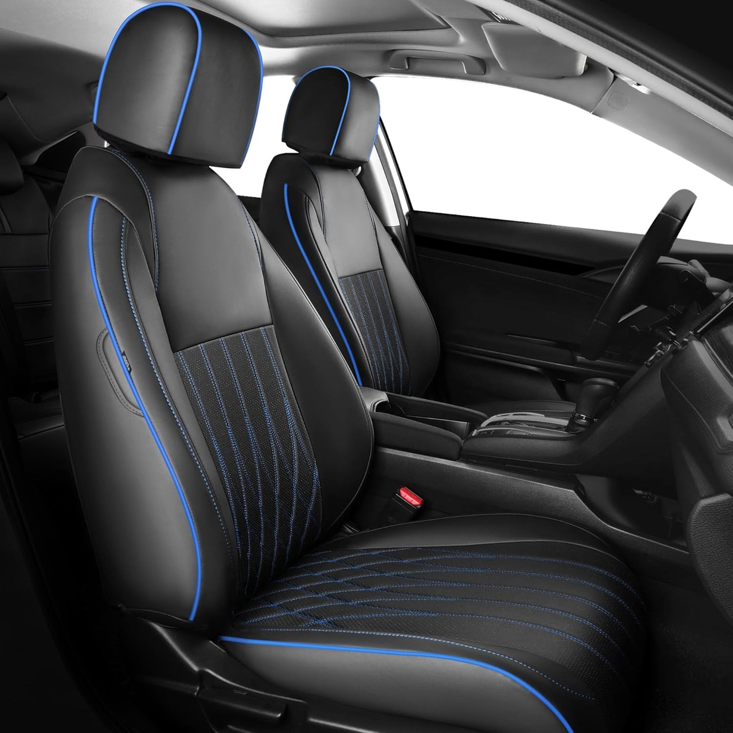 Seat Covers for Honda Civic Sedan LX 2016 2017 2018 2019 2020 2021, Faux Leather Car Seats Cover Full Set (Rear Row Solid & No Folding Backrest)-BlackBlue