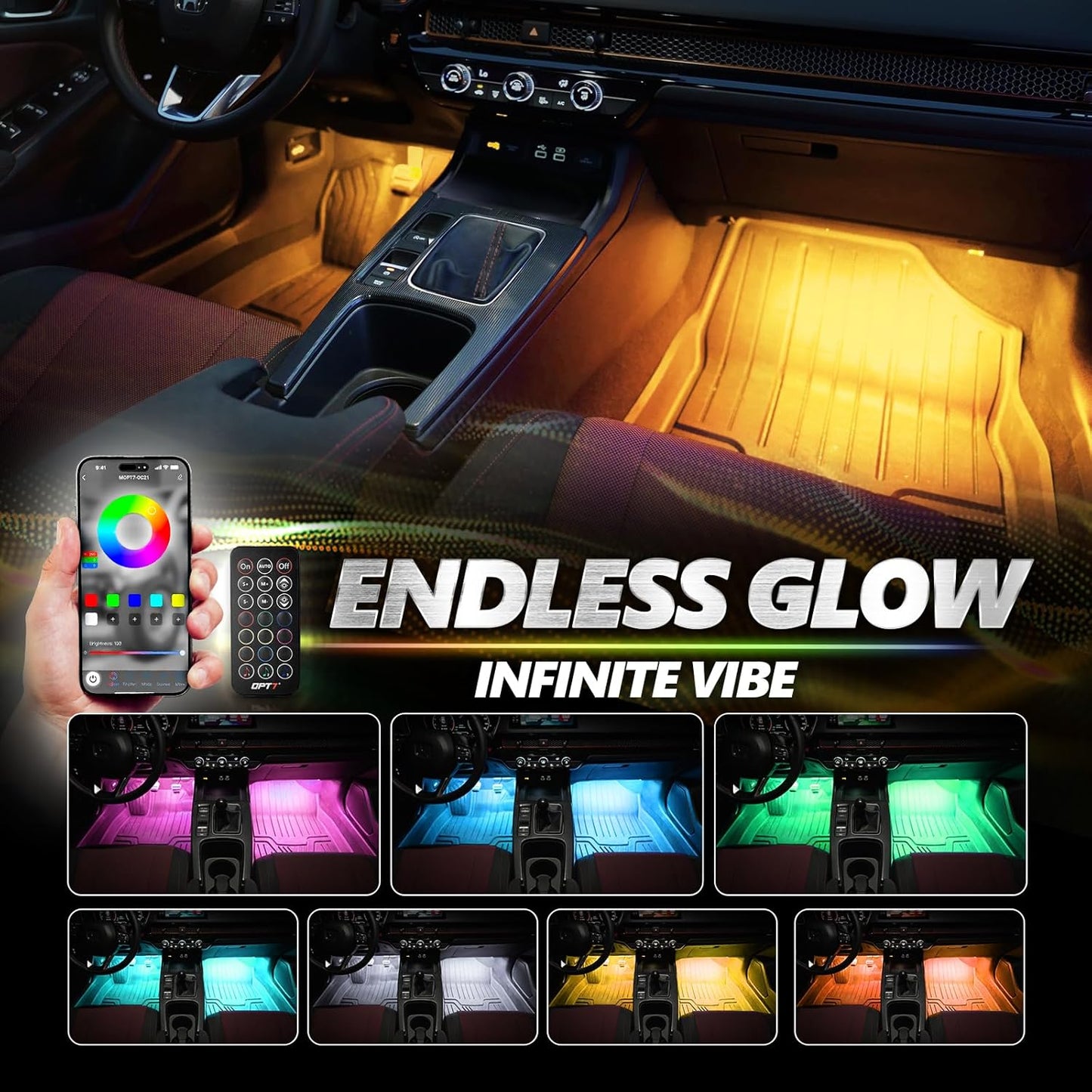 OPT7 Aura Pro 6PC Double LED Interior Strip Lights with APP & Remote Control, Multicolor Mode, Sound Active Inside Ambient Lighting Kit, Truck SUV RV Footwell Floor Decor, 12V Car Charger