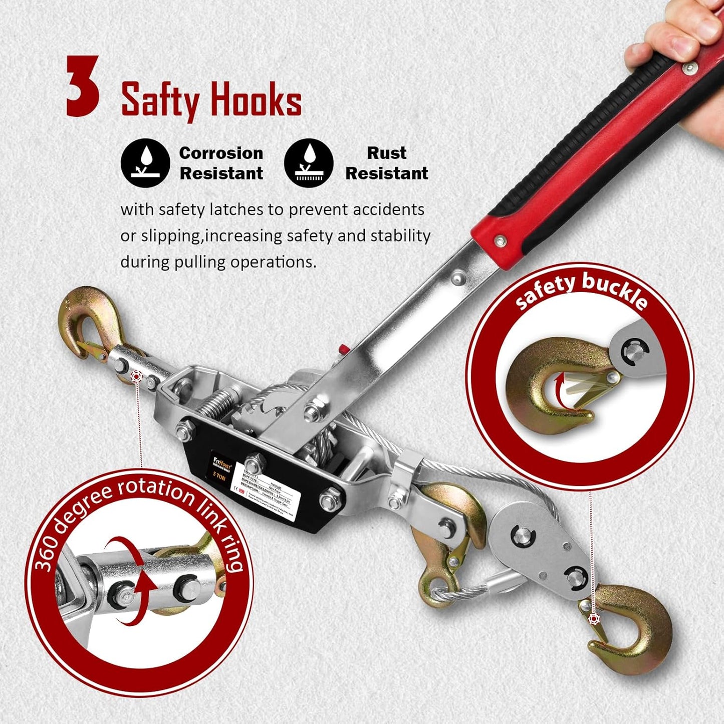 Come Along Winch 5T Pulling Capacity 11.5FT Steel Cable 3 Hooks Heavy Duty Power Cable Come Along Tool with Dual Gears Automotive Hoist Cable Puller Ideal for Vehicle Rescue