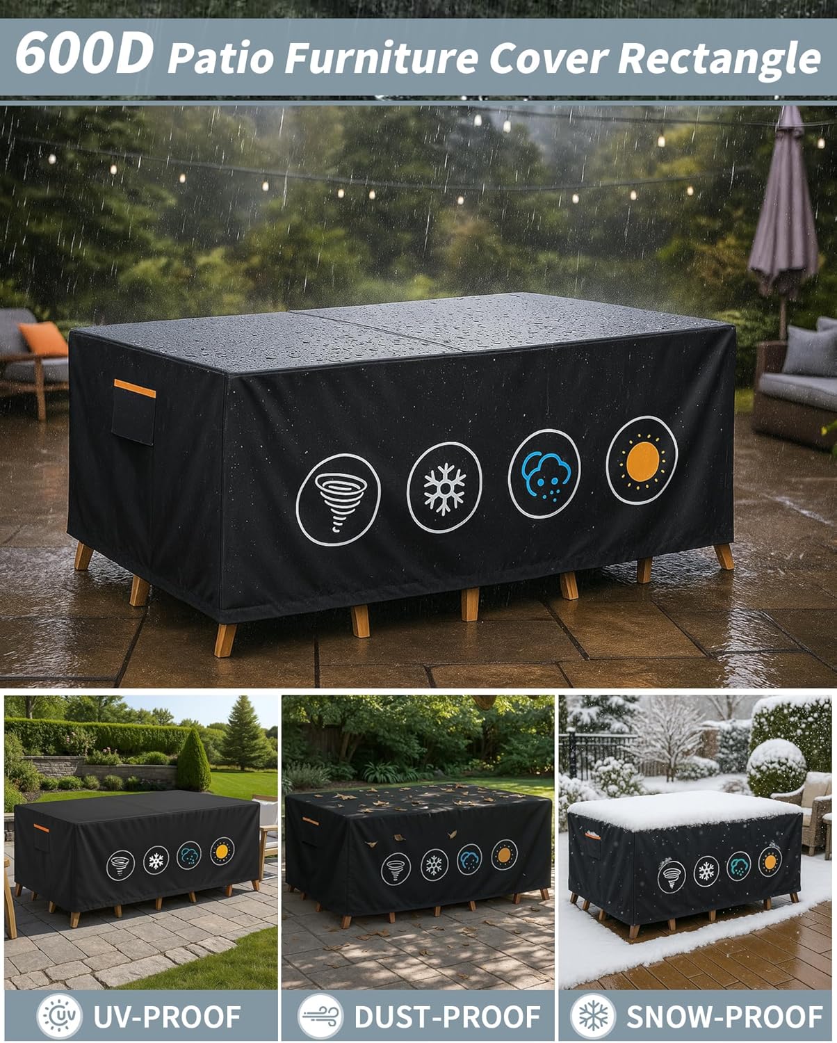 Outdoor Waterproof Furniture Cover, 88W x 62L x 28H inches Heavy Duty 600D Rectangular Table and Chair Set Protection, Black