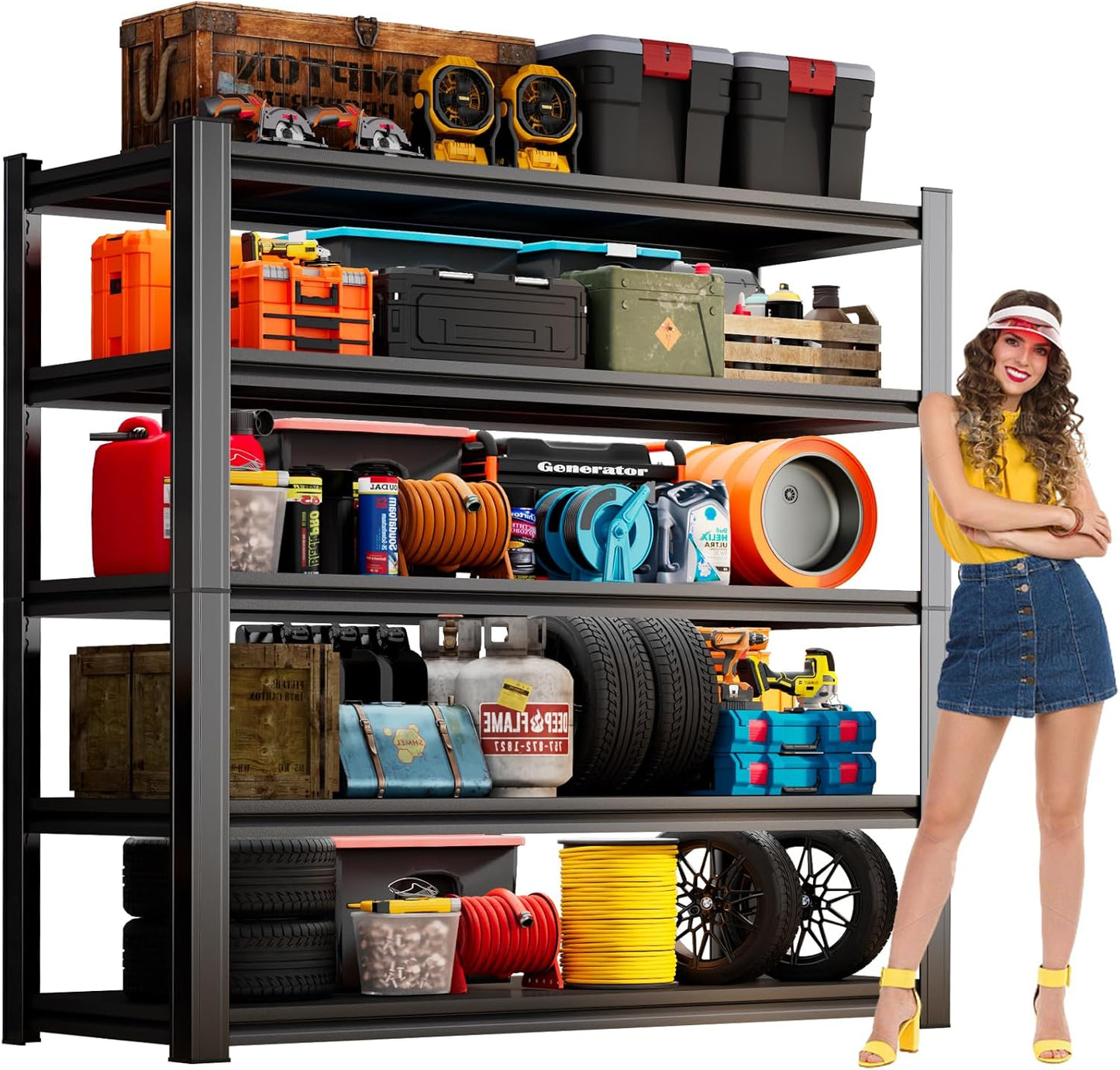 63''H Garage Shelving Heavy Duty Garage Storage Shelves, 3000LBS Capacity Adjustable 5 Tier Metal Industrial Shelf Unit for Kitchen, Utility Room, Warehouse and Basement, Black (14''Dx40''Wx63''H)