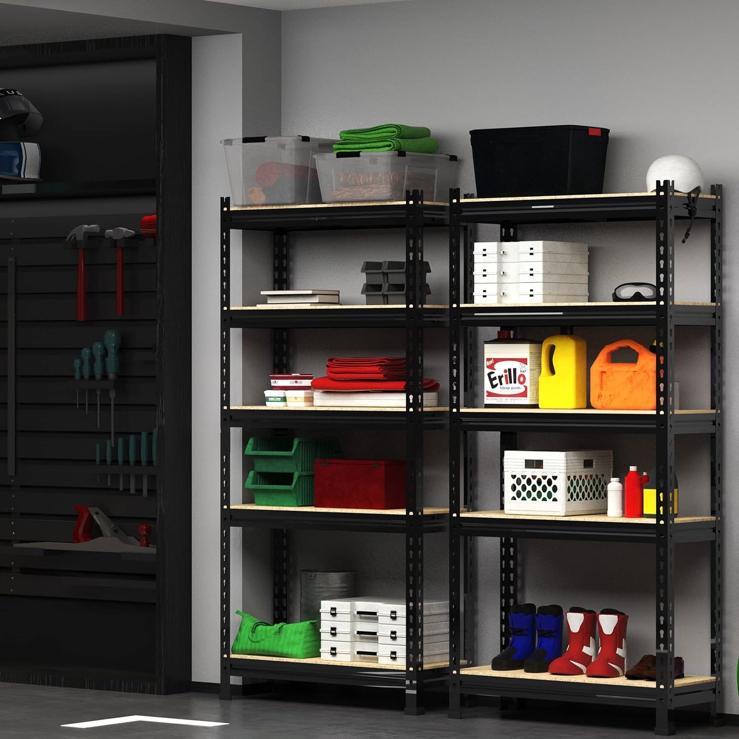 PrimeZone Storage Shelves, 27.5" W X 12" D X 59" H Adjustable Metal Heavy Duty Garage Shelving Unit, 5 Tier Industrial Standing Utility Rack Organizer for Warehouse, Pantry, Kitchen, Basement, Black