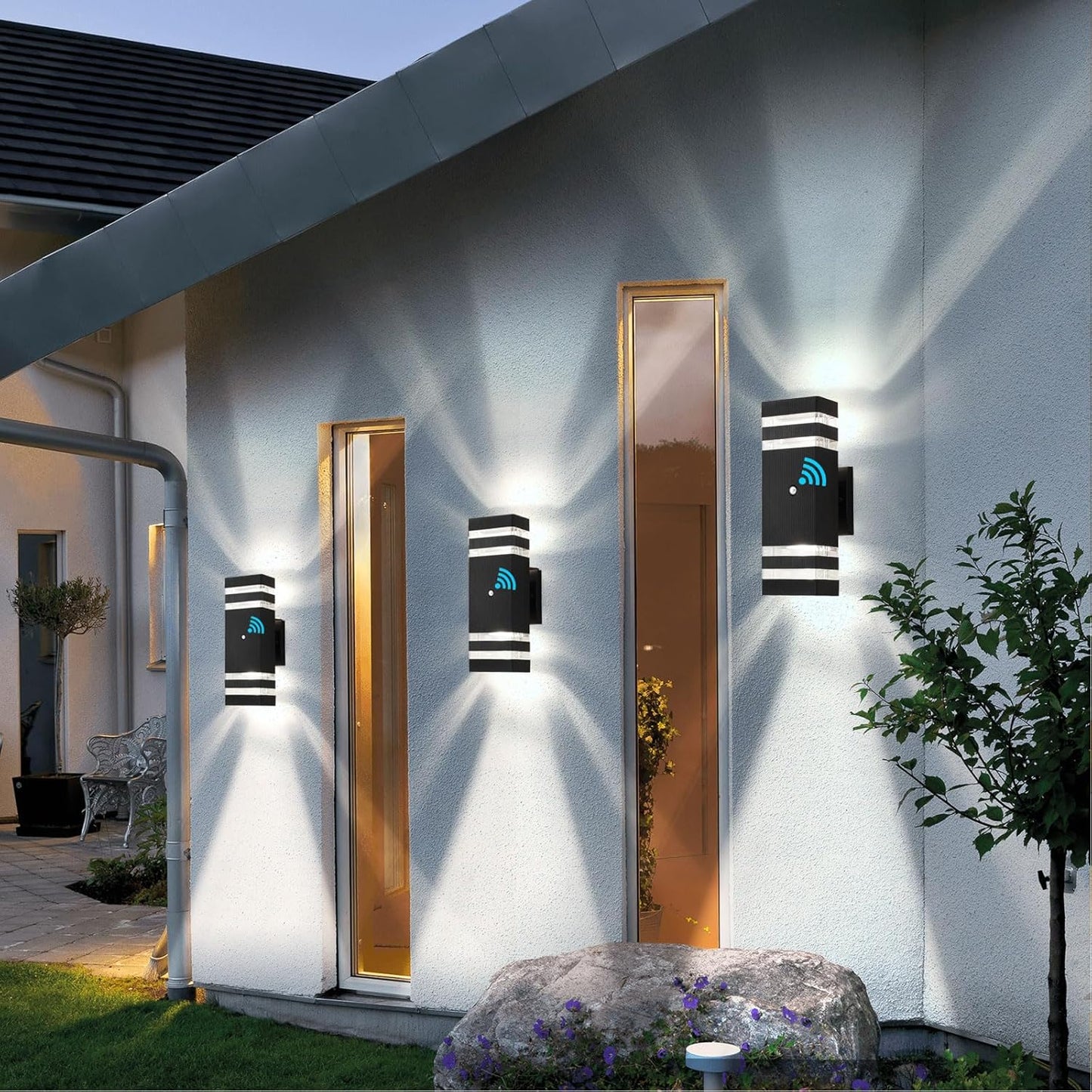 tewei 4 Pack Dusk to Dawn Outdoor Wall Lights Modern Exterior Light Fixture, 2-Layer Black Outside Lights for House, IP65 Waterproof Up and Down Outdoor Sconces Wall Lighting for Garage Porch, 3000K