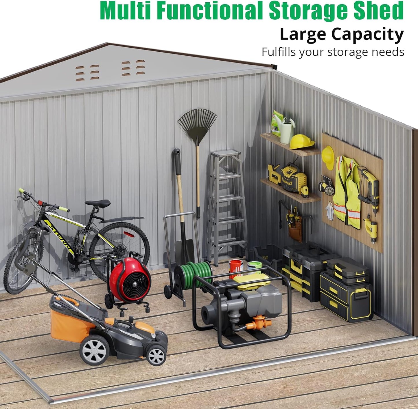 10x10 Ft Brown Metal Outdoor Storage Shed, Large Garden Shed with Sloped Roof & Lockable Door, Backyard Garden Patio Lawn Outdoor Shed for Organising Tools and Equipment in Yard, Garden