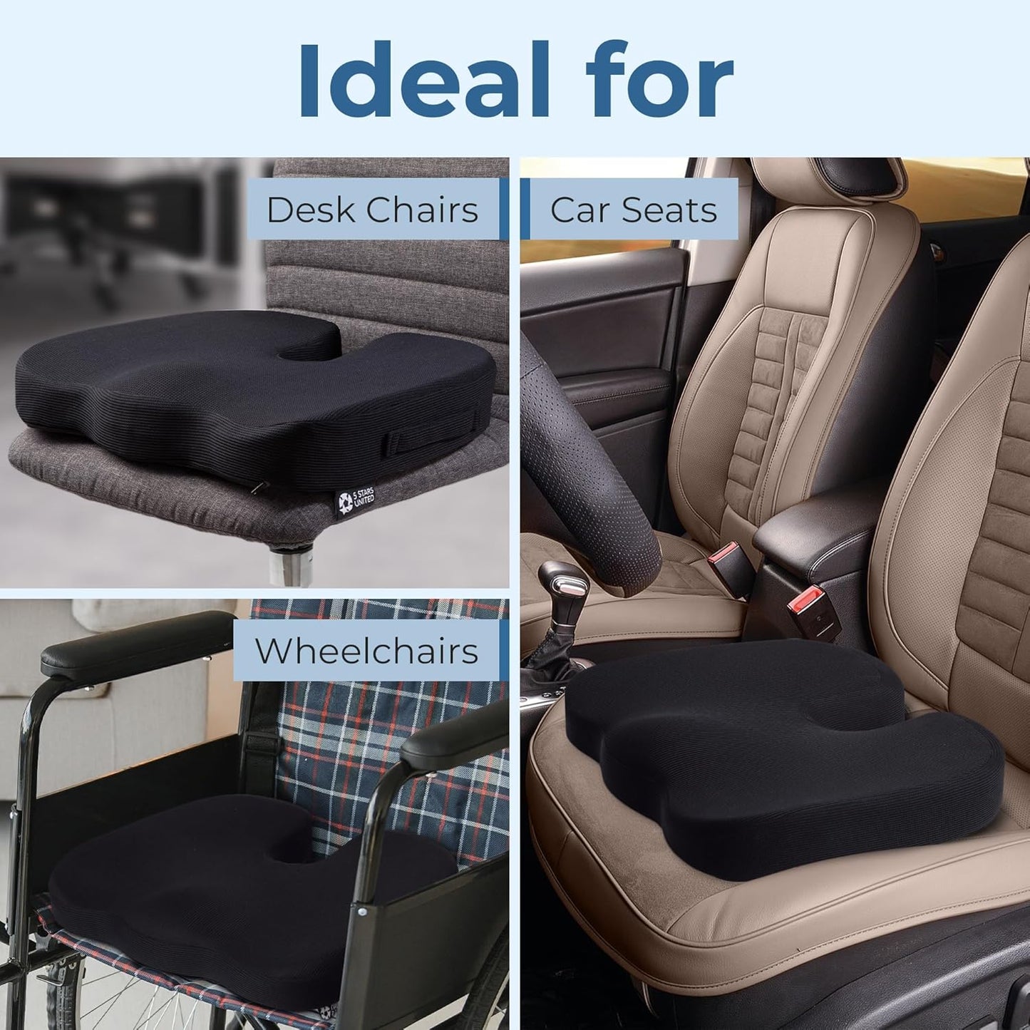 5 STARS UNITED Seat Cushion for Tailbone Pain Relief – Memory Foam Lifting Pillow for Coccyx, Hip, Hemorrhoid, Sciatica & Post-Surgery Recovery – Wheelchair, Car, Desk, Gaming & Office Chairs, D Blue