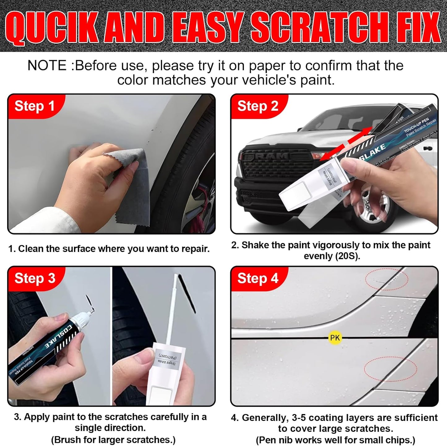 Car Touch Up Paint(Delmonico Red Pearl-Coat(PRV/NRV)) for Dodge Ram, Car Paint Scratch Repair Kit, Quick & Easy Solution to Repair, 2 in 1 Scratch Remover Pen with 2PCS Disposable Micro Applicators