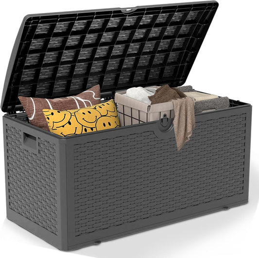 80 Plus Gallon Resin Deck Box, Waterproof Outdoor Storage Bin for Patio, Poolside, and Garden, Lockable & UV-Resistant, Ideal for Small Spaces, Black
