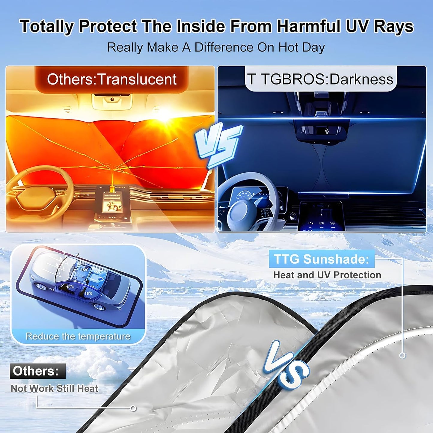 T TGBROS Windshield Sun Shade Custom Fit for 2022-2023 2024 2025 Rivian R1T Accessories Foldable Sun Shield Reflective Polyester Sun Visor Cover Block Heat and Sun Protection