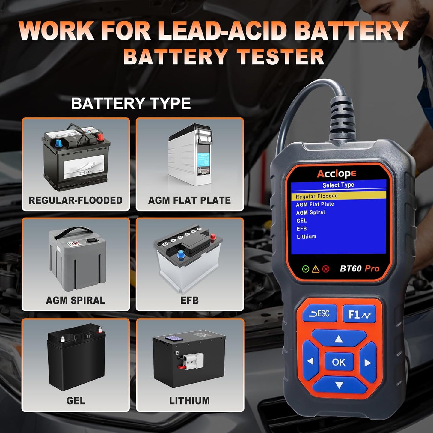 BT60 Pro Acclope Car Battery Tester with Cloud Printing 100-3000 CCA 6V 12V 24V AGM Lithium Gel Battery Checker Automotive Alternator Digital Analyzer Charging Cranking System Vehicles Truck Home-use