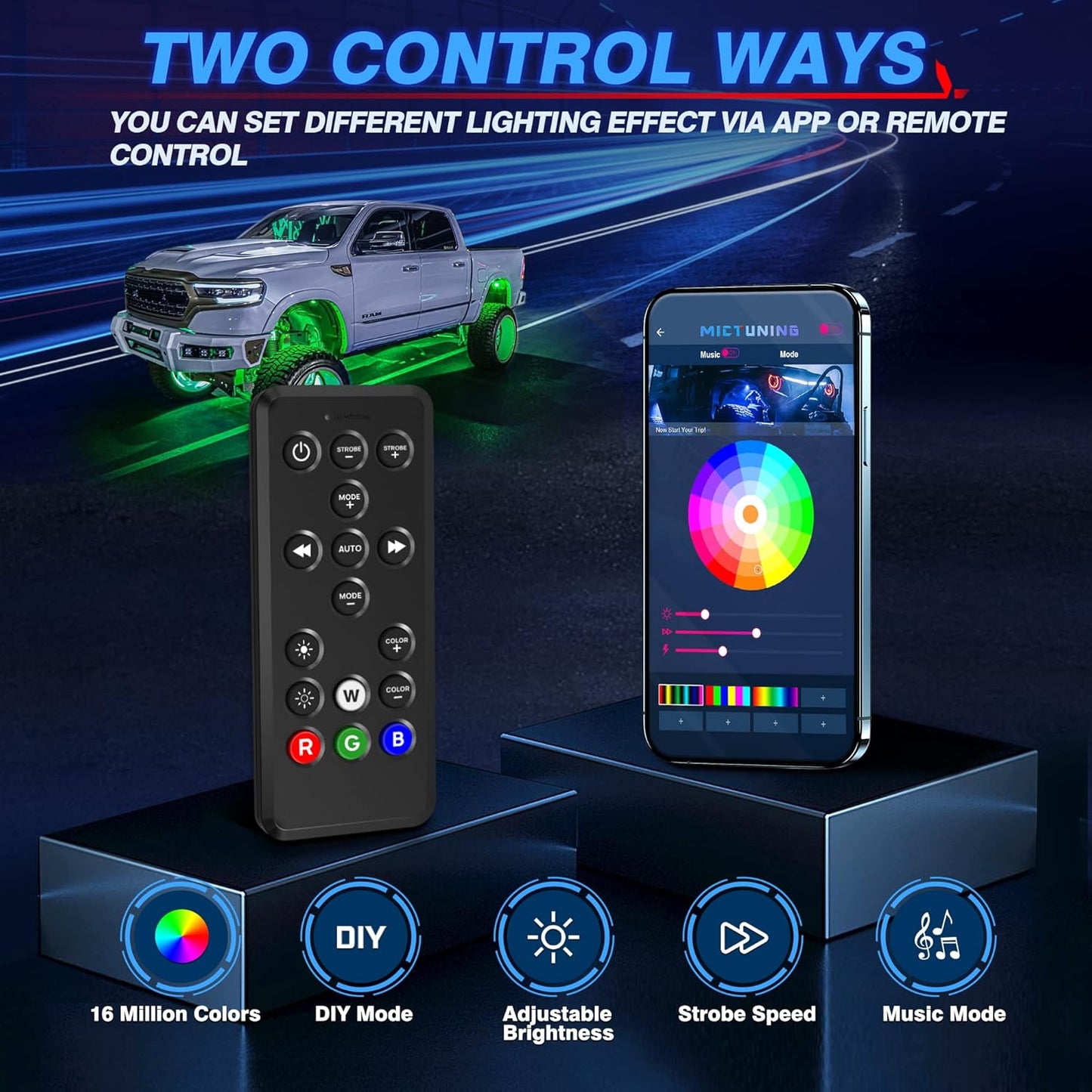 MICTUNING Q1 RGBW Rock Lights, 4 Pods Pure Color Underglow Neon Multicolor Lighting with Wiring Switch Kit, Bluetooth Controller, Remote Control, Music Mode for Trucks Car ATV UTV Golf Cart