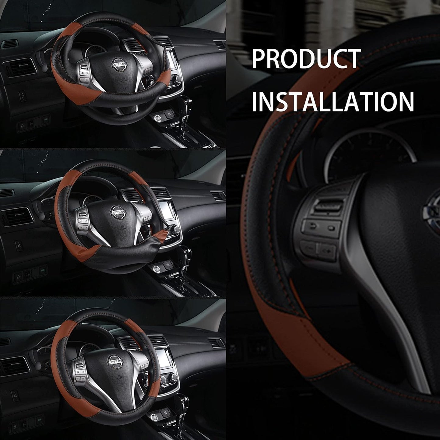 Leather Car Steering Wheel Cover, Non-Slip Car Wheel Cover Protector Breathable Microfiber Leather Universal Fit for Most Cars(Brown)