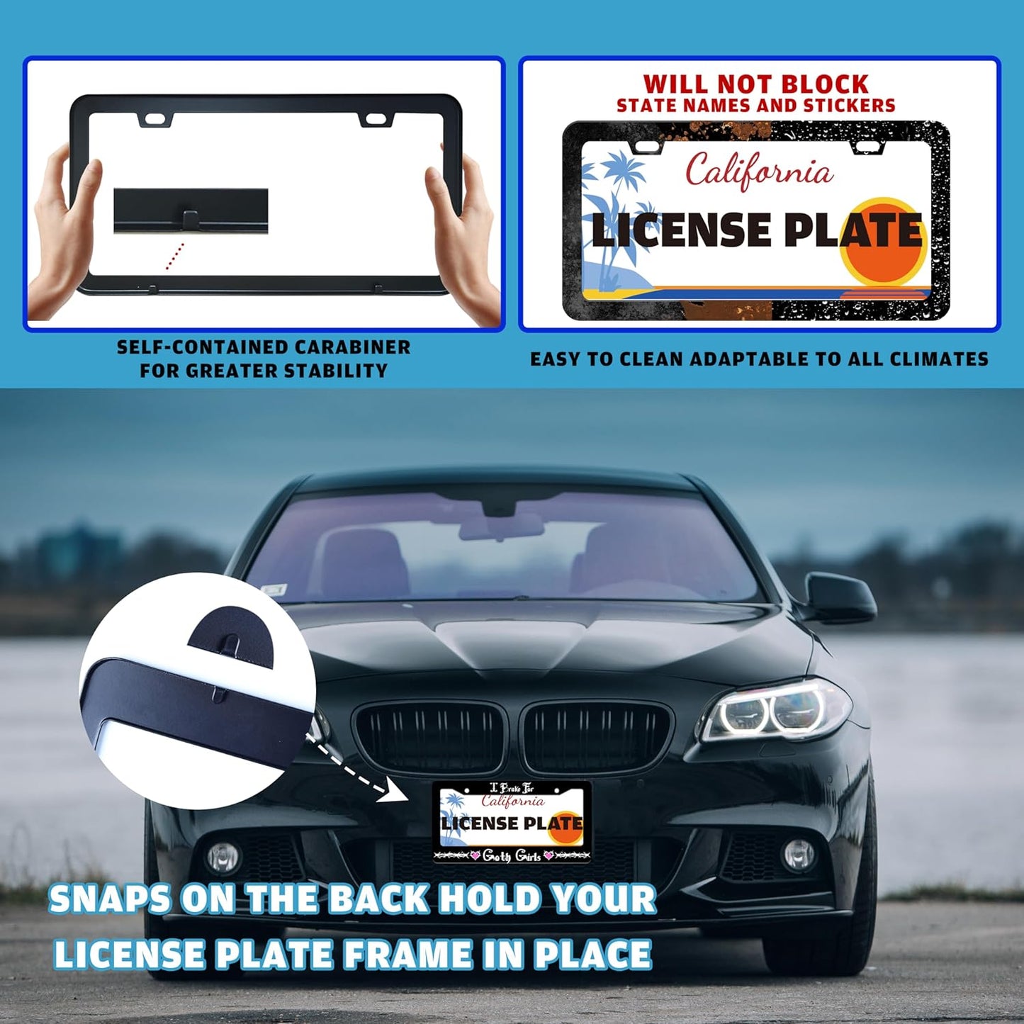 I Brake for Goth Girls License Plate Frame Funny Gothic License Plate Holder for Front or Rear Car Tags Reusable Durable Stainless Steel Car Decoration with Screws 6.3 X 12.2 Inch for Men Women