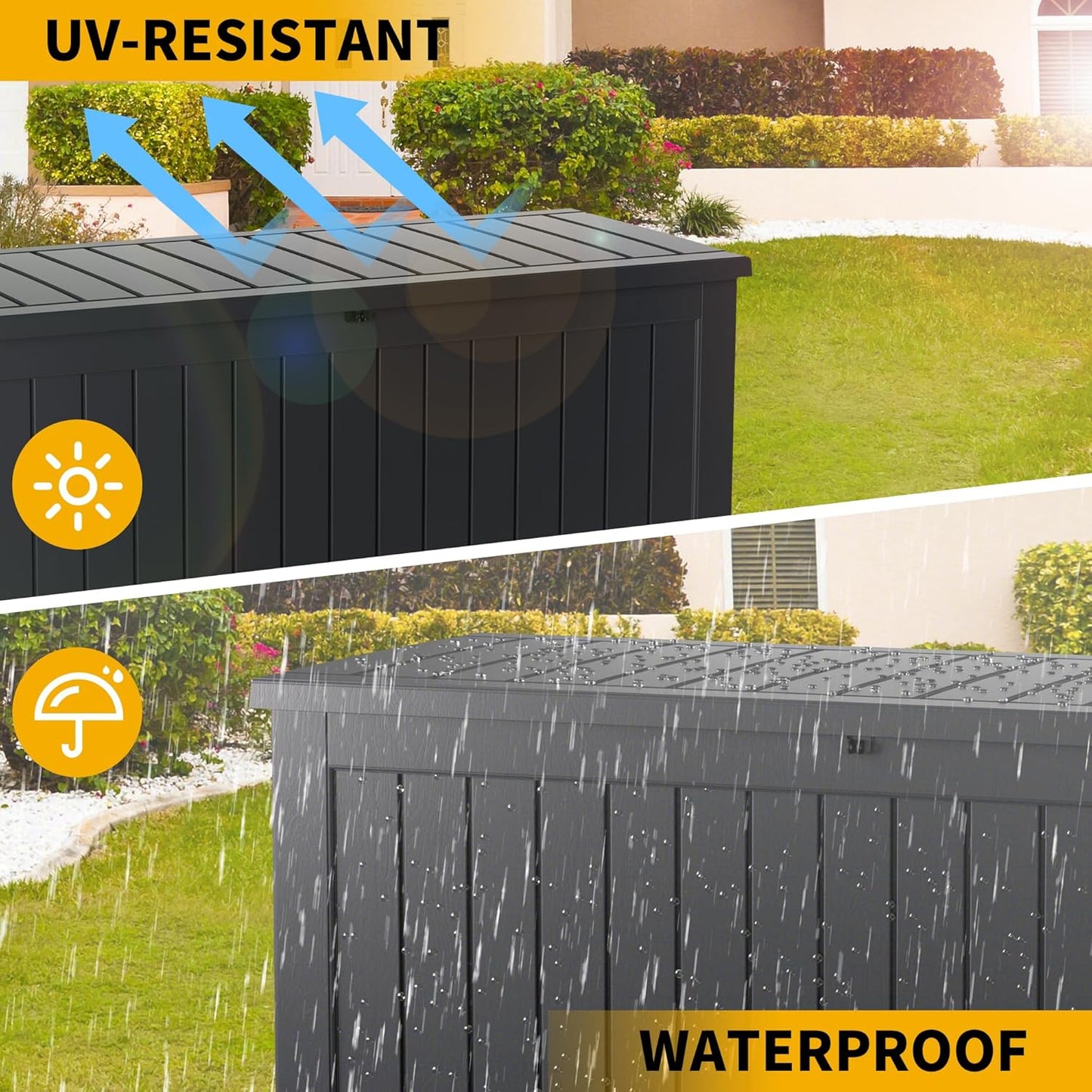 150 Gallon Outdoor Storage Box Patio Deck Box Waterproof, Resin Lockable Outside Large Storage Bin for Pool Cushion Furniture, Garden Tools UV-Resistant, Black