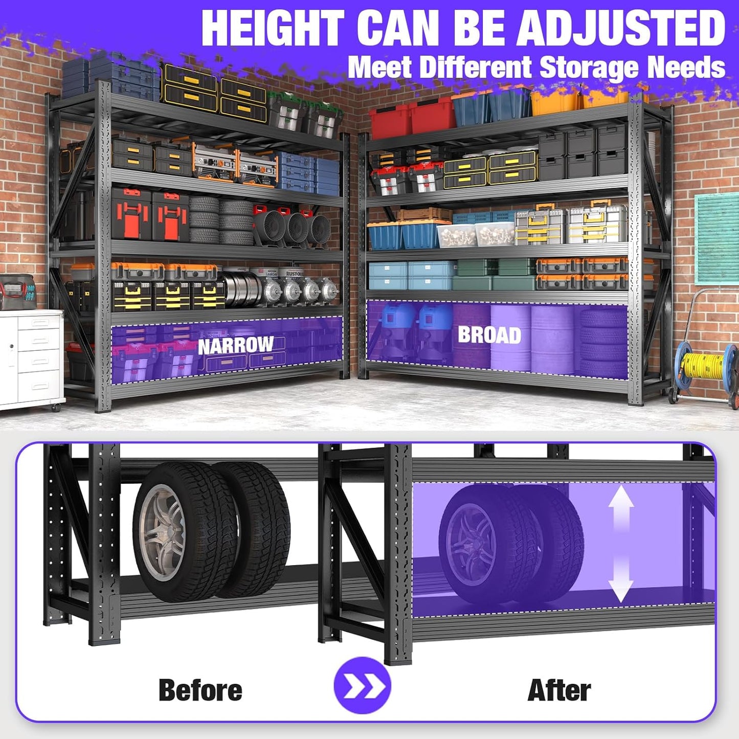 Metal Garage Shelving Heavy Duty, 5-Tier Adjustable Wire Storage Garage Shelves, 8000 LBS Loads Industrial Shelving Units for Garages, Warehouses, Kitchen, Black, 59" W x 24" D x 71" H,3 Pack
