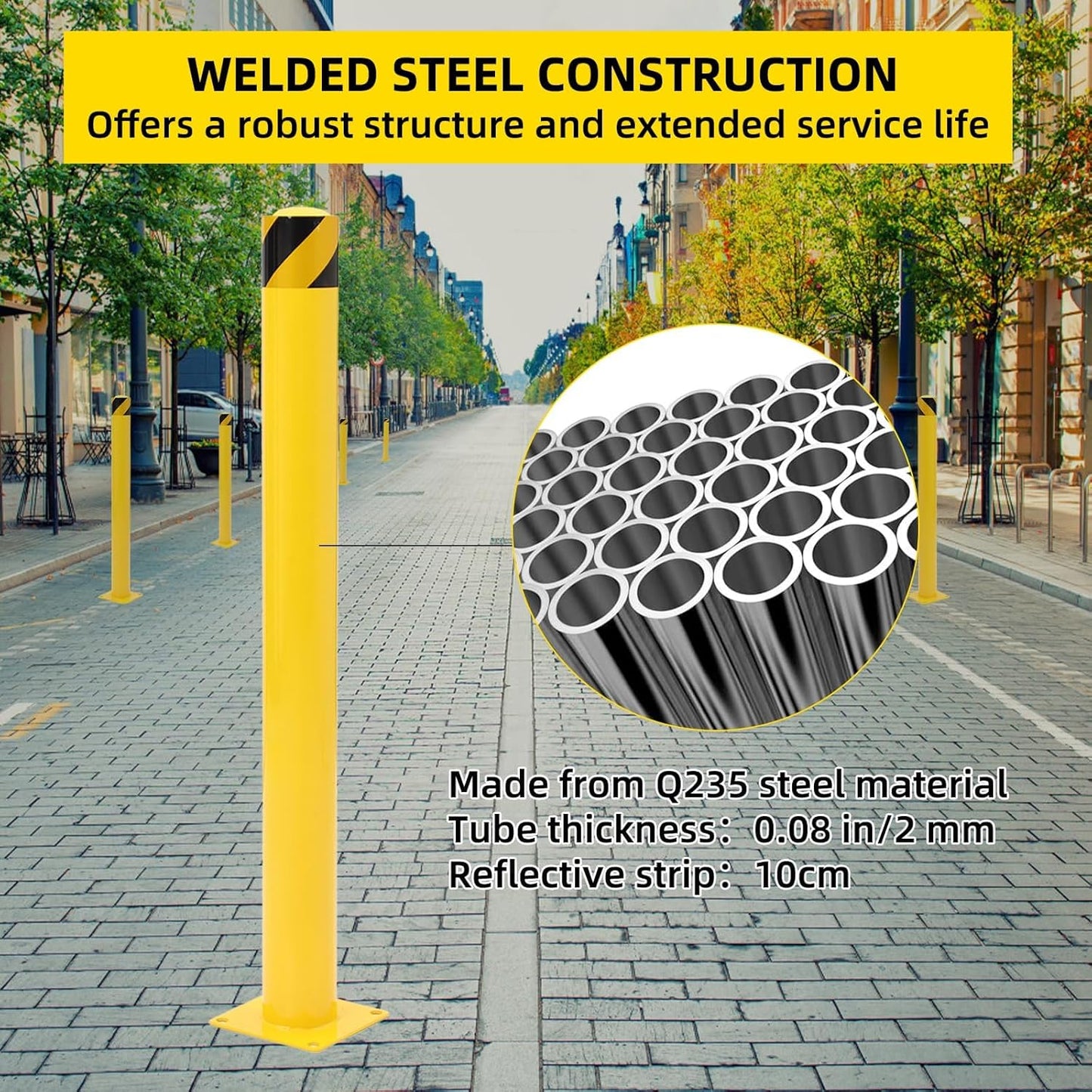 6Pcs Heavy Duty Safety Bollards, 42" Height, 4.5" Diameter Steel Pipe Bollard Post with 24 Anchor Bolts, High-Visibility Yellow Parking Bollard for Traffic Control, Warehouses, & Pedestrian Safety