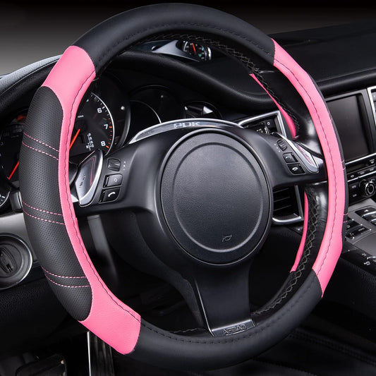 CAR PASS Line Rider Microfiber 14 Inch Leather Sporty Steering Wheel Cover Universal Fits for 95% Truck,SUV,Cars, Anti-Slip Safety Comfortable Desgin (Black Pink)