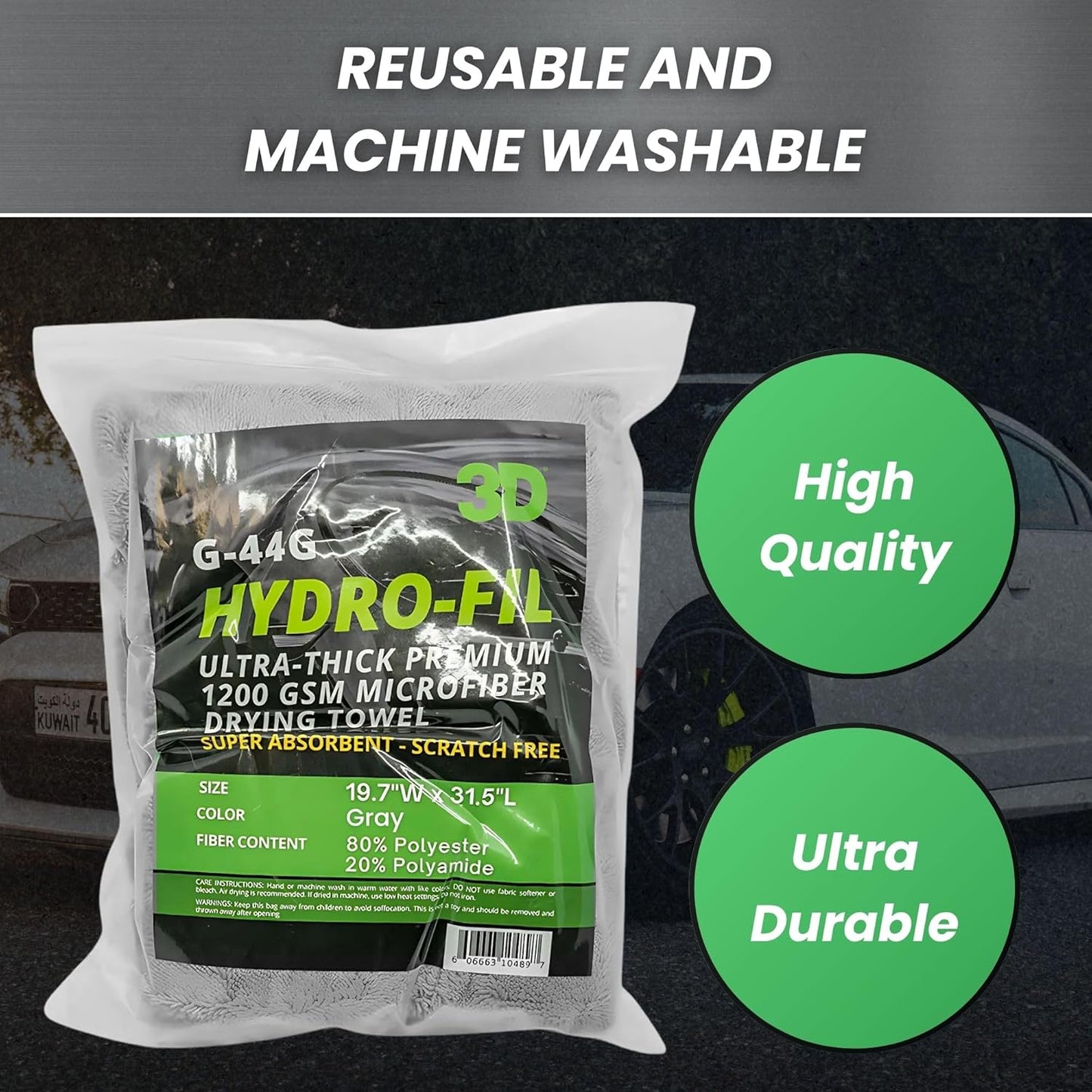3D Hydro-FIL XL | Professional Grade Microfiber Towel | Extra Large 20” x 31.5” | Highly Absorbent | Premium Drying Cloth for Car Detailing (Grey)