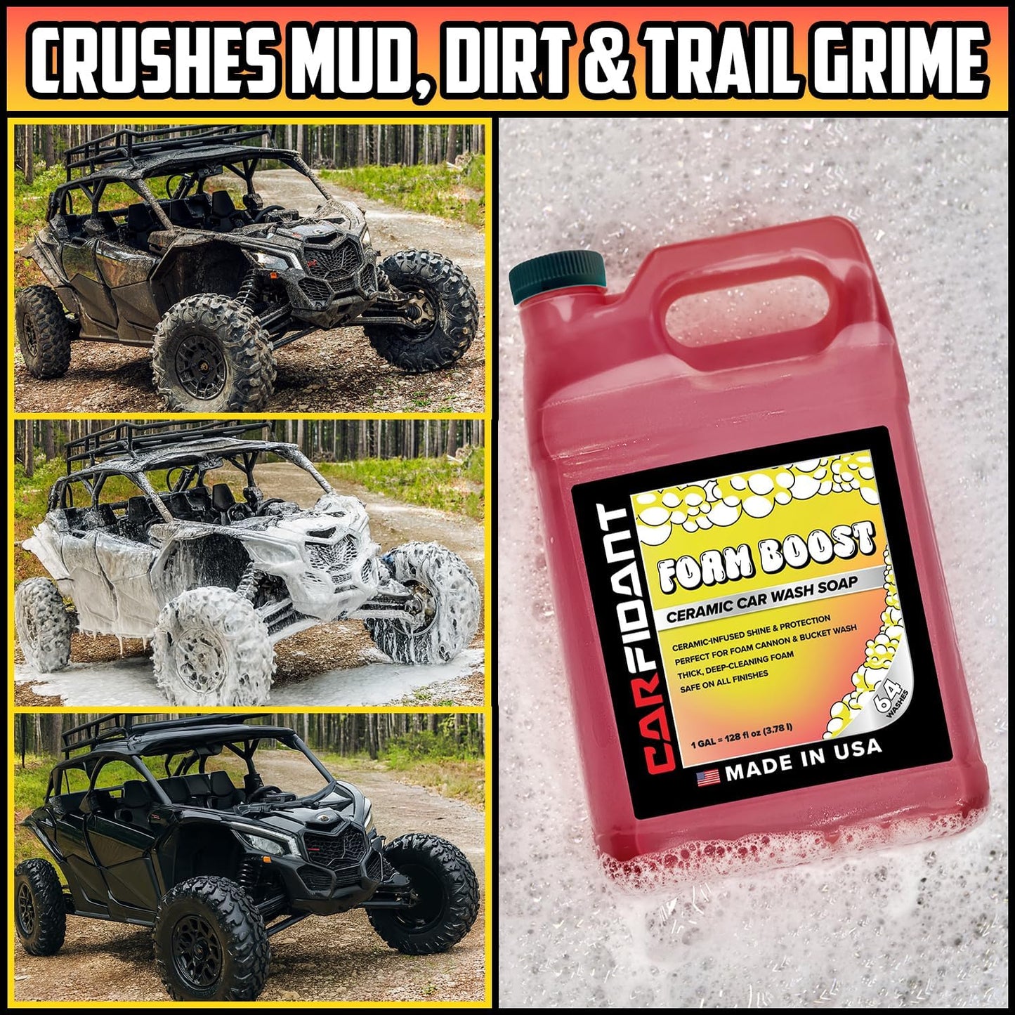 Foam Boost Off-Road & ATV Wash Soap – Heavy Duty pH-Balanced Car Wash for Trucks, UTVs, RVs & Dirt Bikes – Quick Rinse, No Residue – Works with Foam Cannons, Guns & Buckets – 1 Gallon