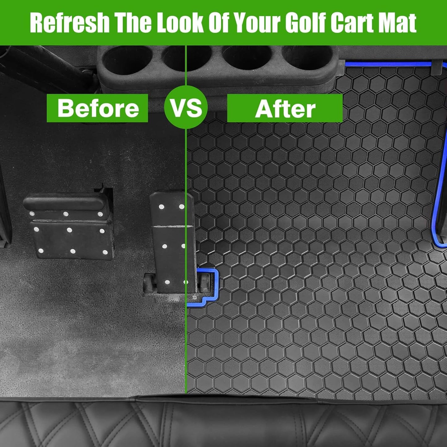 EZGO TXT Golf Cart Full Coverage Floor Liner Mat, fits EZGO TXT (1994+), Valor(1994+), Express S4(2012-2020), Cushman Workhorse, EX1(2020), Thick Anti-Slip Rubber, Blue Trim