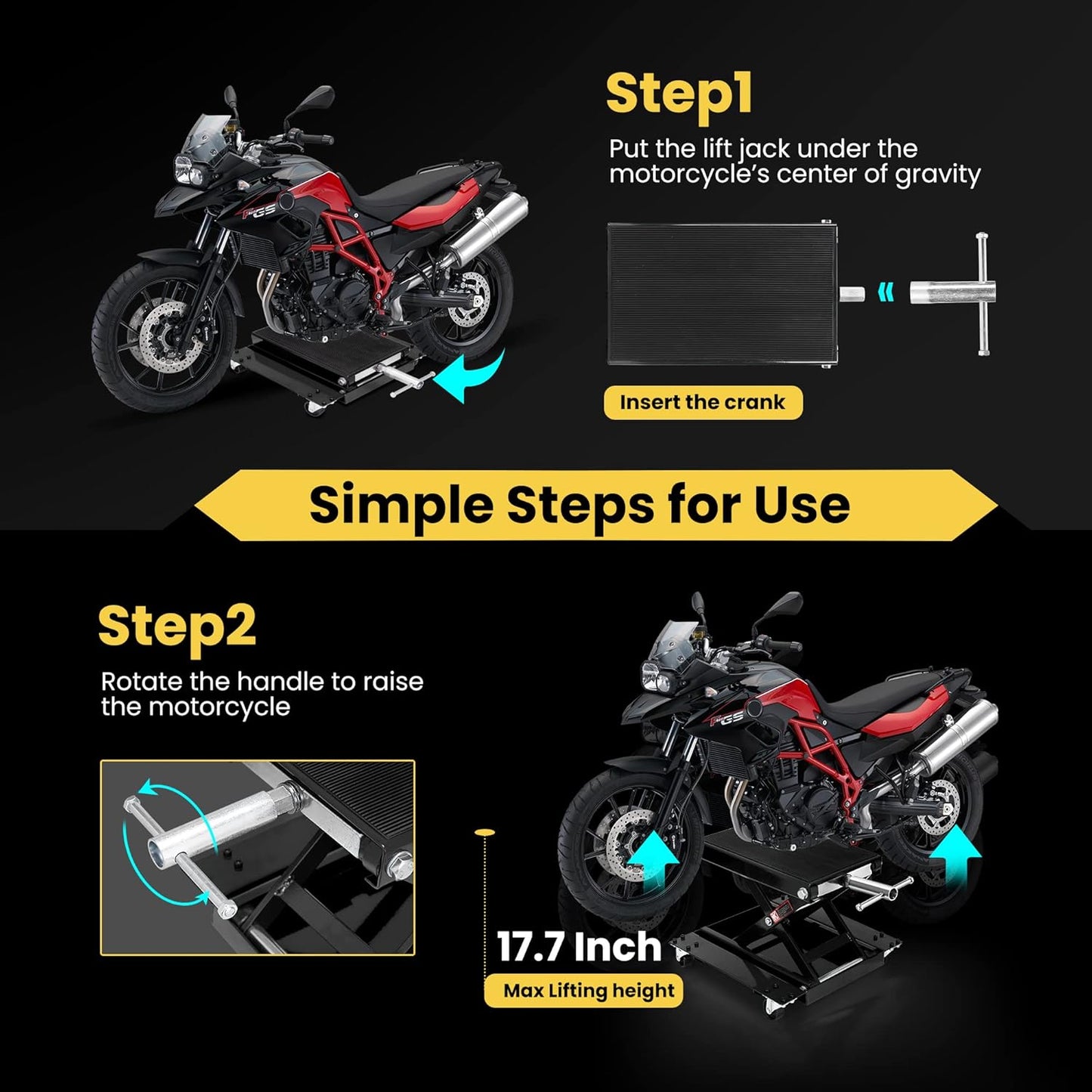 VIVOHOME 1100 Lbs Steel Wide Deck Motorcycle Lift ATV Scissor Lift Jack with Dolly and Hand Crank Bikes Garage Repair Hoist Stand Black