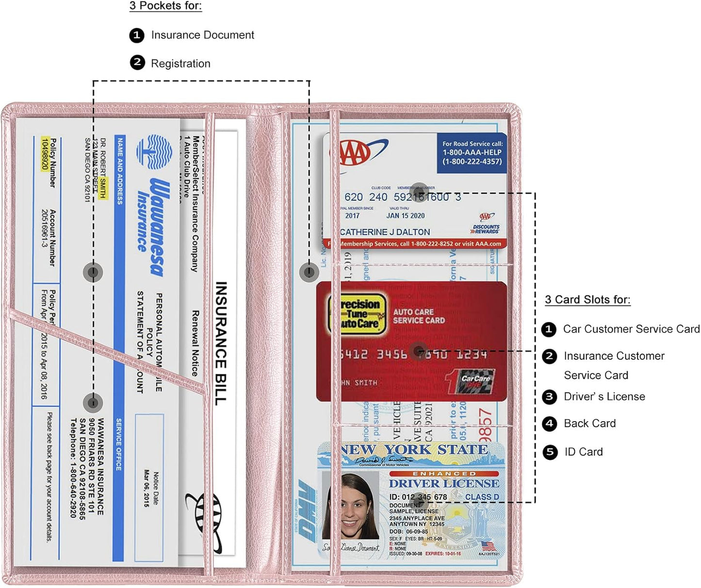 TOURSUIT Car Registration and Insurance Card Holder, Vehicle License Document Glove Box Compartment Organizer, Interior Car Accessories for Women Men Teens (Rose Gold)