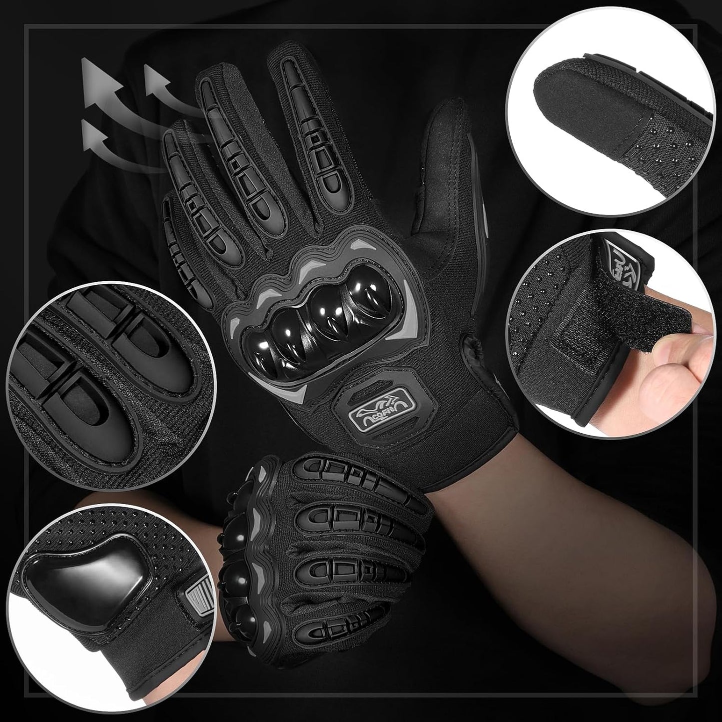 COFIT Motorcycle Gloves for Men and Women, Full Finger Touchscreen Motorbike Gloves for BMX ATV MTB Riding, Road Racing, Cycling, Climbing, Motocross - Black XL