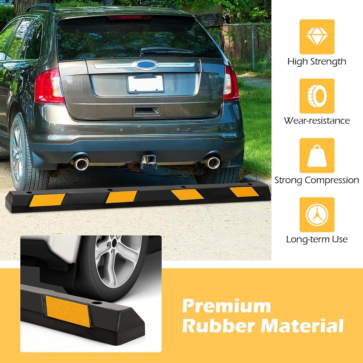 Rubber Parking Curb Garage Floor Stopper, 72" Heavy Duty Parking Lot Stopper with Yellow Reflective Stripes, Guide Wheel Stopper for Car, Truck, RV, Trailer, Driveway (4 Pack)