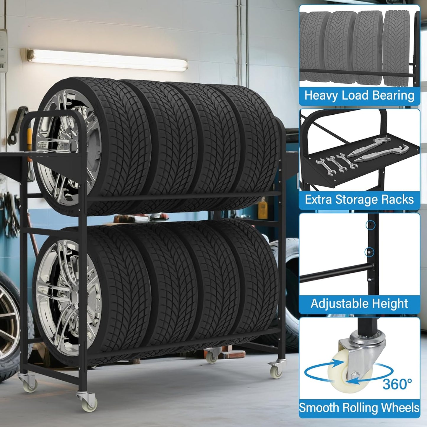 Tire Storage Rack 57" x 55.1" x 20" w/Anti-dust Cover, Adjustable Rolling Tire Rack for Garage Black w/4 Swivel Casters & 2 Storage Shelf for Garage Storage