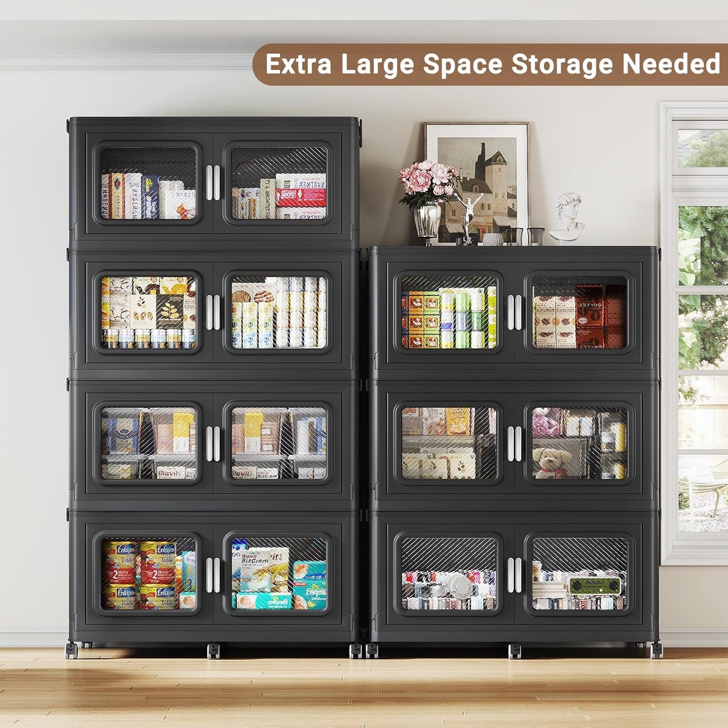 900 Qt Stackable Storage Bin with Lid, 225Gal Extra Large Collapsible Storage Boxes, Folding Plastic Drawer, Heavy-Duty Store Cabinet, Closet Organizer for Home Kitchen, 3 Pack Black