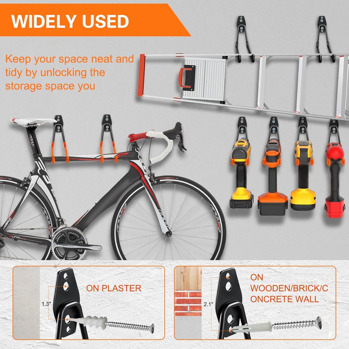 12 Pack Garage Hooks Heavy Duty Utility Steel with Anti-Slip Coating Wall Mount Storage Organizer for Hanging Power and Garden Tools, Ladders, Hose, Bikes, Ropes, Bulk Items, and More