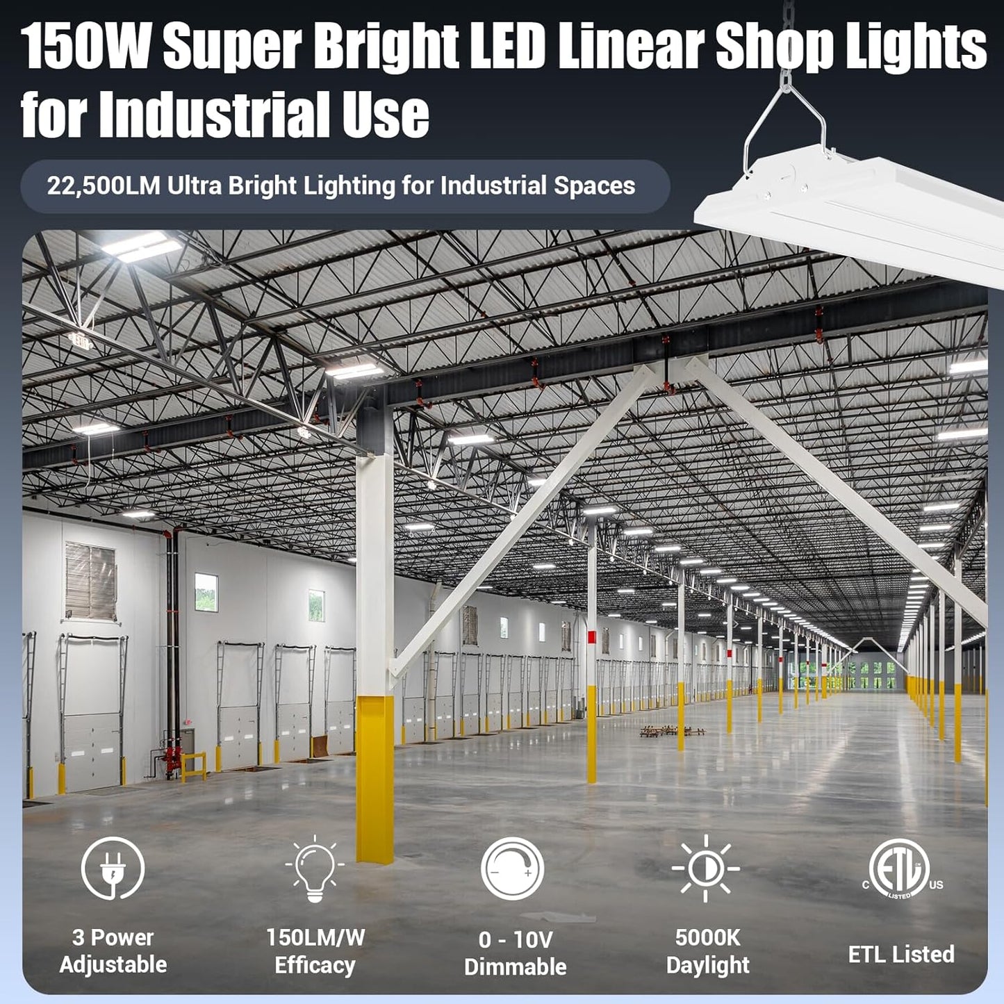 LED Linear Shop Lights 150W, 22500LM Led High Bay Lights 5000K Daylight 120-277V, 4-Pack Led Garage Light for Shop Workshop Store Commercial Supermarket Warehouse Basement Exhibition Room ETL