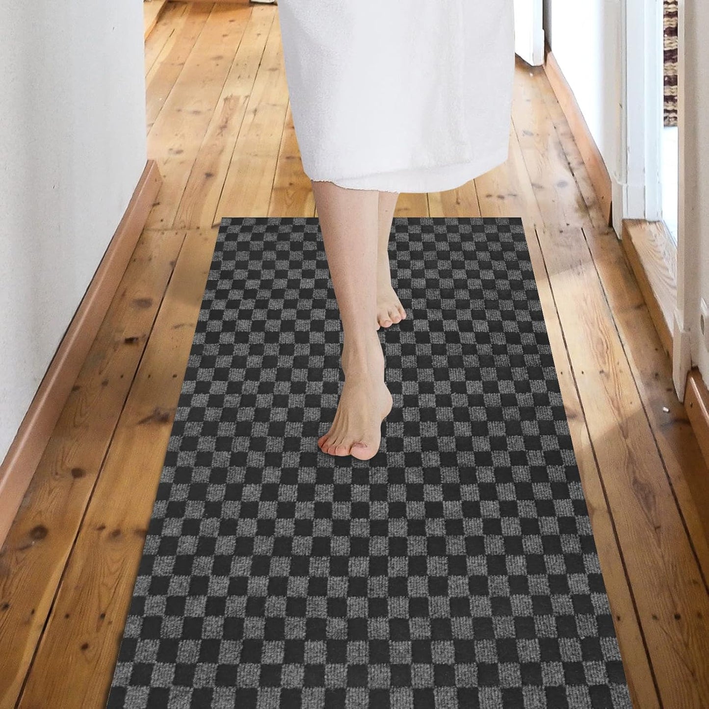 Custom Size Backed Non-Slip Area Rugs Runner, Easy Clean, Waterproof Runner Rugs for Hallway Entryway, Kitchen, Laundry, 4FT x 63FT, Gray Checkered