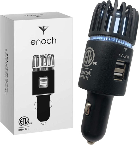 Enoch Car Air Purifier Premium Air Ionizer - 12V Plug-In Ionic Ozone Deodorizer Accessory with Dual USB Car Charger - Eliminates Cigarette Smoke, Pet and Food Odors, Dust (Black)