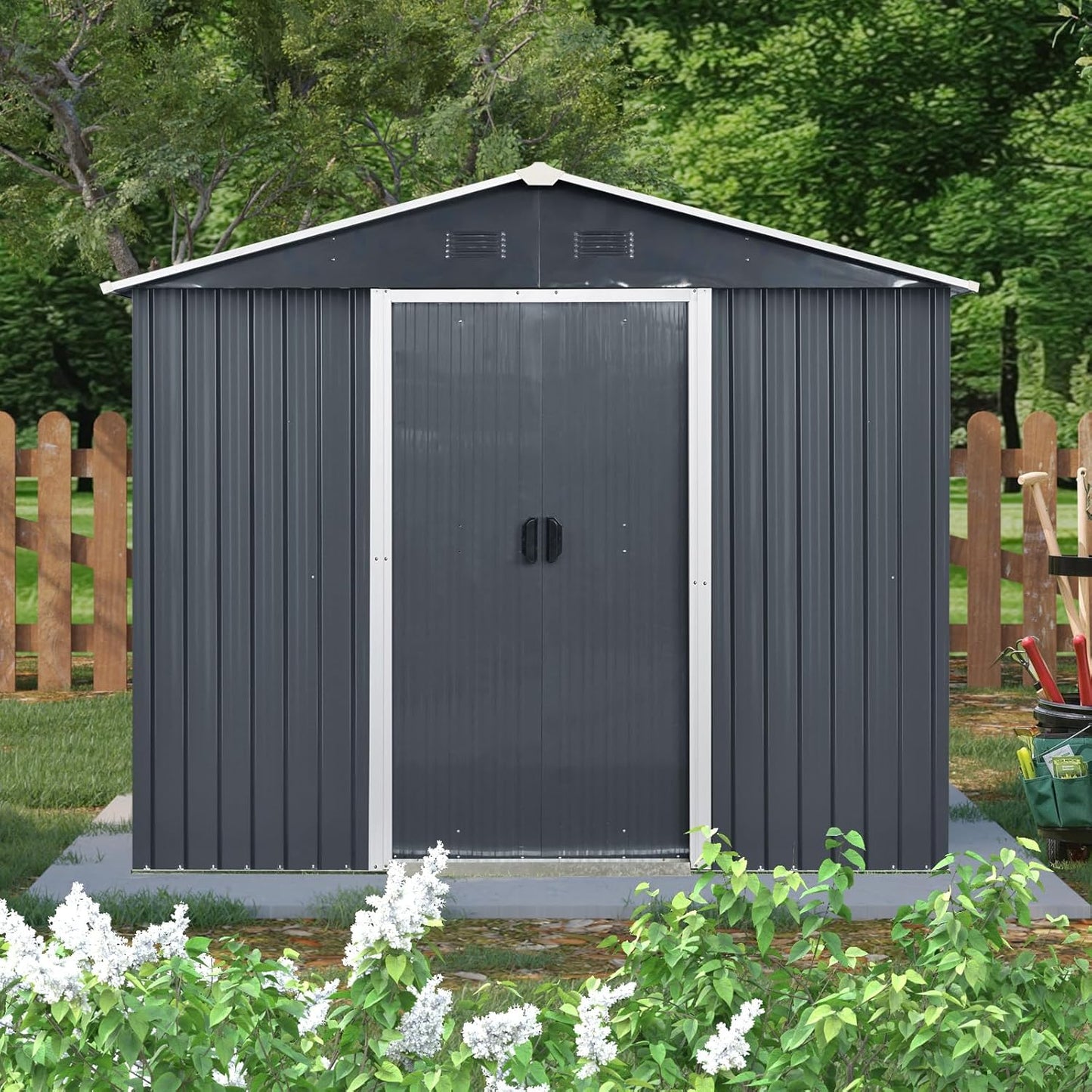 4x8 FT Outdoor Storage Shed, Metal Garden Shed with Frame Floor, Outside Tool Shed with Window, Waterproof Storage Building with Lockable Sliding Doors & Sloped Roof for Backyard, Patio, Black