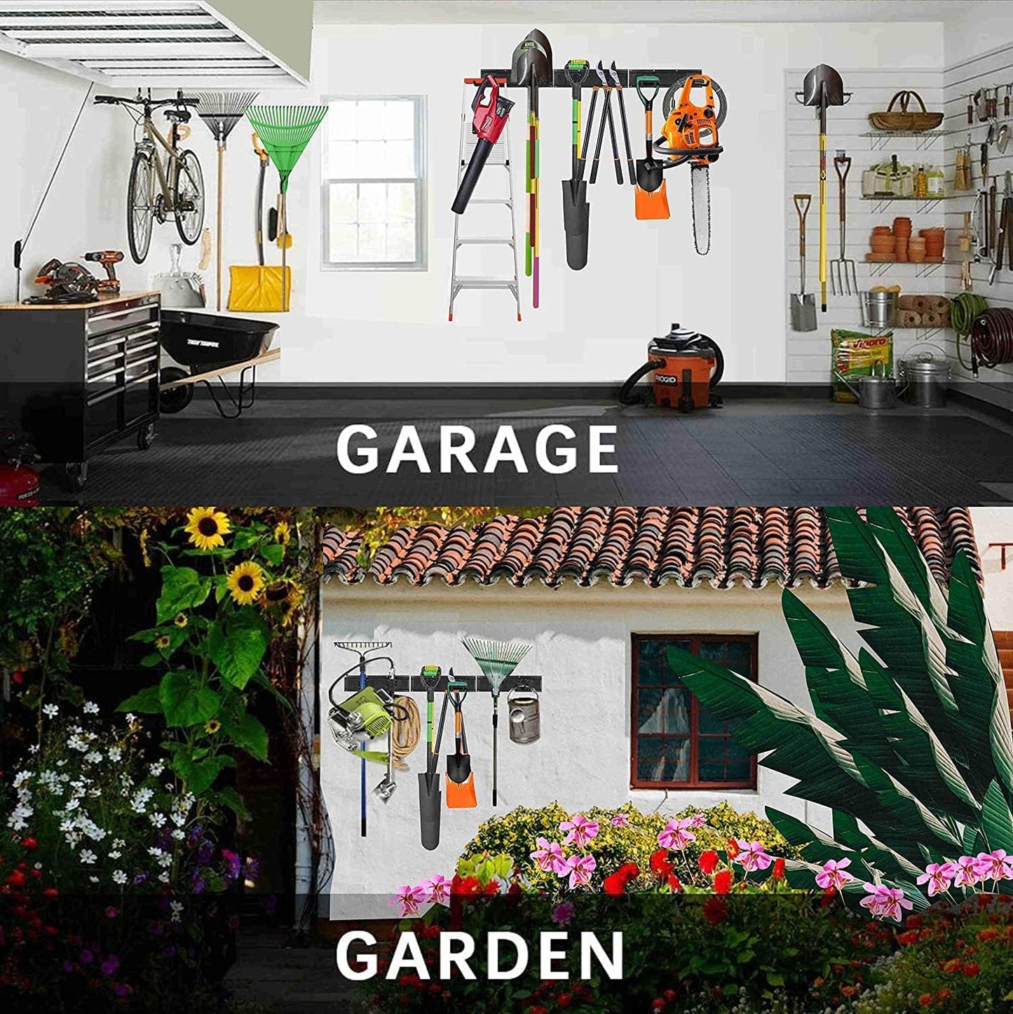 Garage Organzier Wall Mount, 48 Inch Garden Tool Organizer, 16PCS Heavy Duty Garage Storage Organization, Adjustable Tool Storage Rack Hooks, Yard Shed Tool Organizer Hold Max 450 lbs