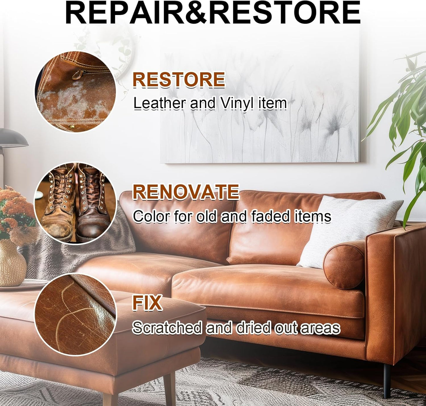 Leather Recoloring Balm Set,Leather Cleaner Restore Conditioner Mink Oil for Leather Repair Kit for Furniture Couches -Revives Repairs Scratches Leather Dye Furniture Polish (Tan)