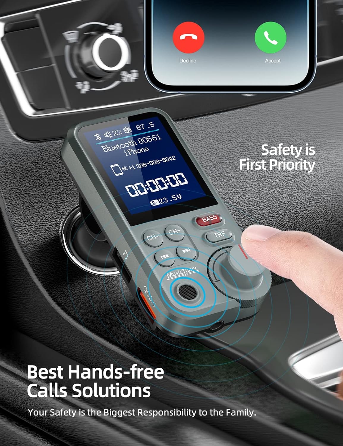 Nulaxy FM Bluetooth Transmitter for car, Strong Microphone Bluetooth Car Adapter with 1.8" Color Screen for Hands-Free Calls, Supports QC3.0 Charging, Treble and Bass Sound Music Player- KM30 Grey
