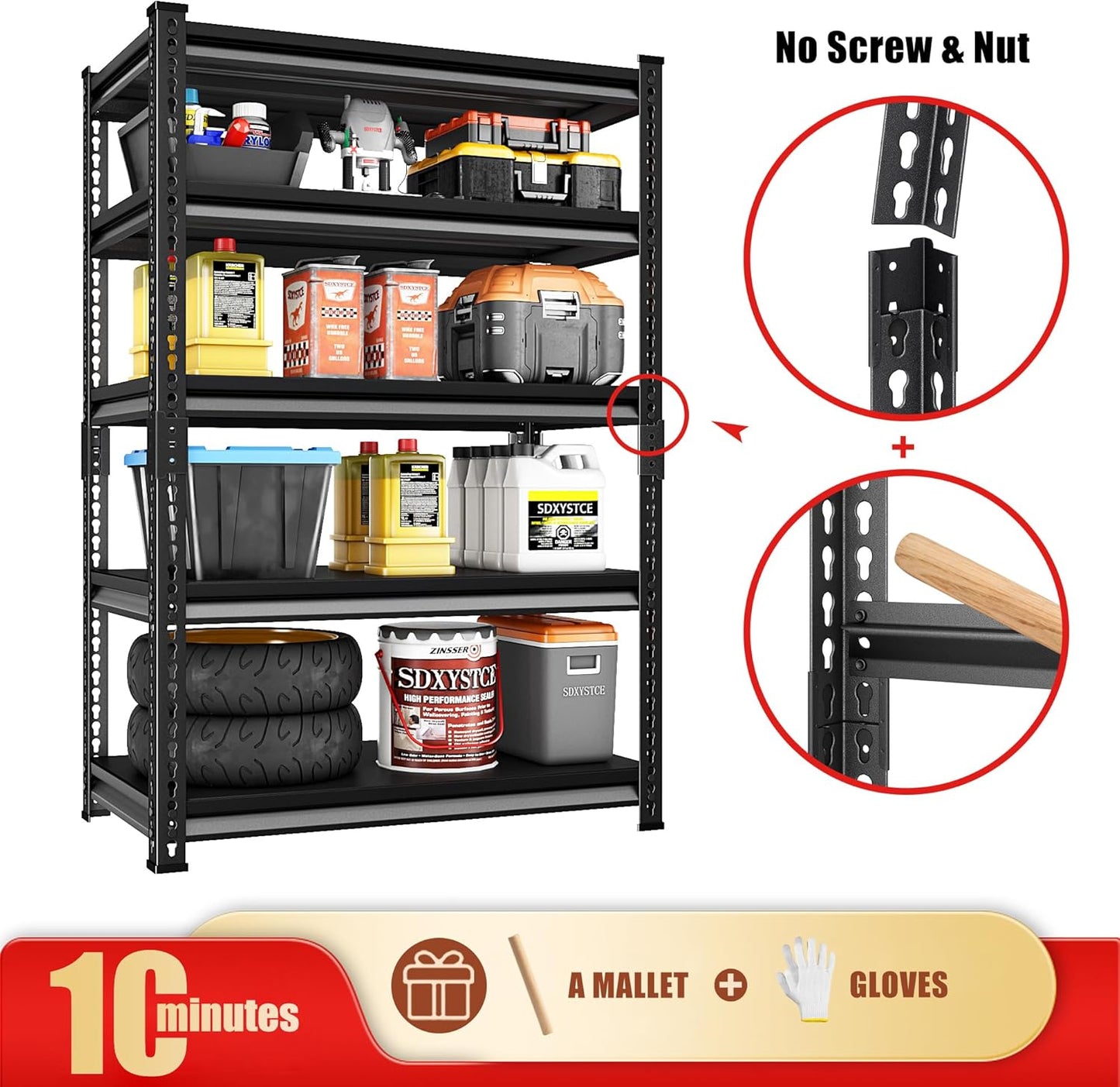 40" W Garage Shelving Heavy Duty, 2200 Lbs Loads Garage Storage Shelves Heavy Duty, 5-Tier Metal Shelving Units and Storage for Basement, Retiple Tanks,40" Wx18 Dx72 H, Black