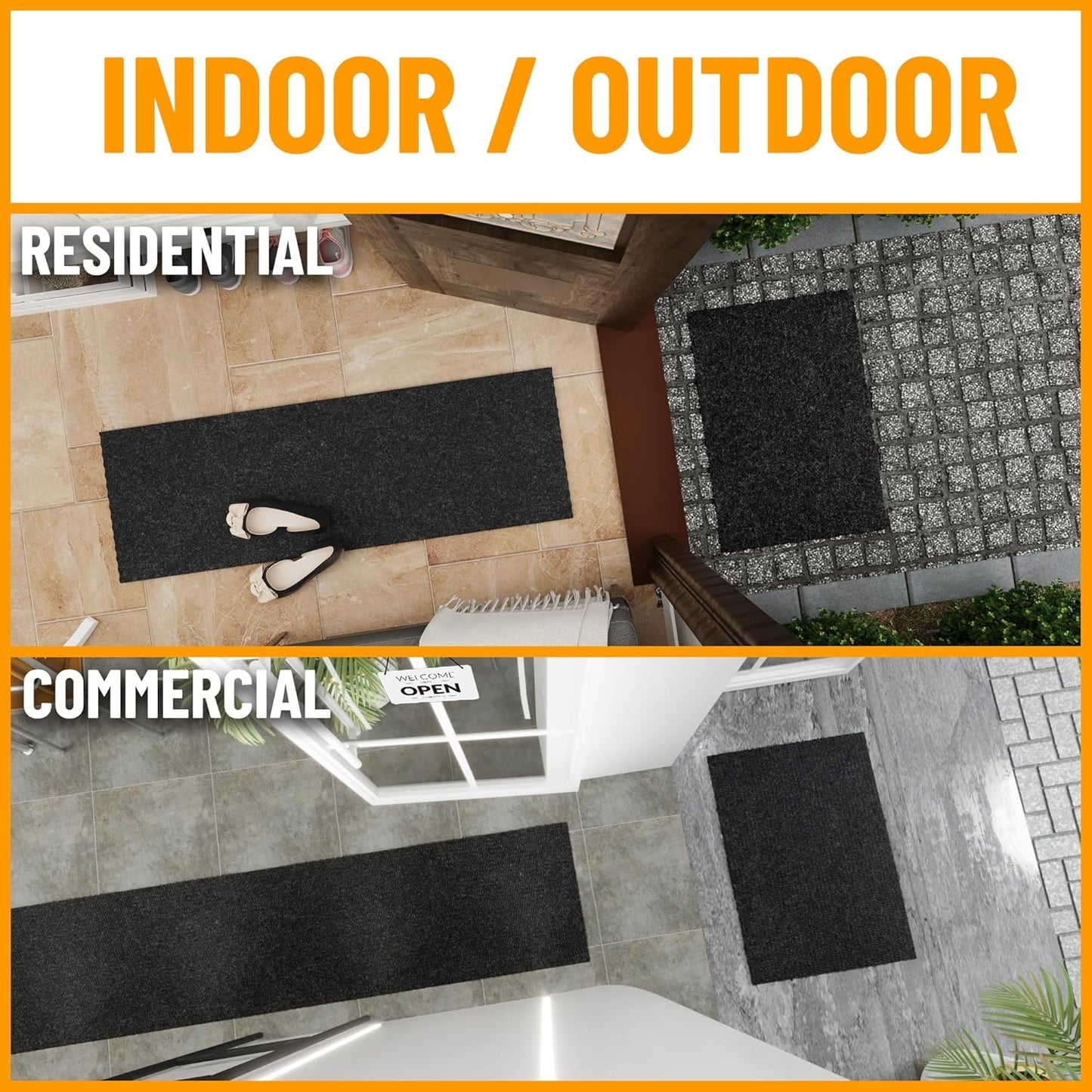 Ottomanson 2' x 28' Hallway Runner with Scraper Pile Extra Durable Non-Slip Rug Mat for Indoor & Outdoor Use - Ideal for Kitchen, Entryway, Patio & Garage - High-Traffic Carpet, Black