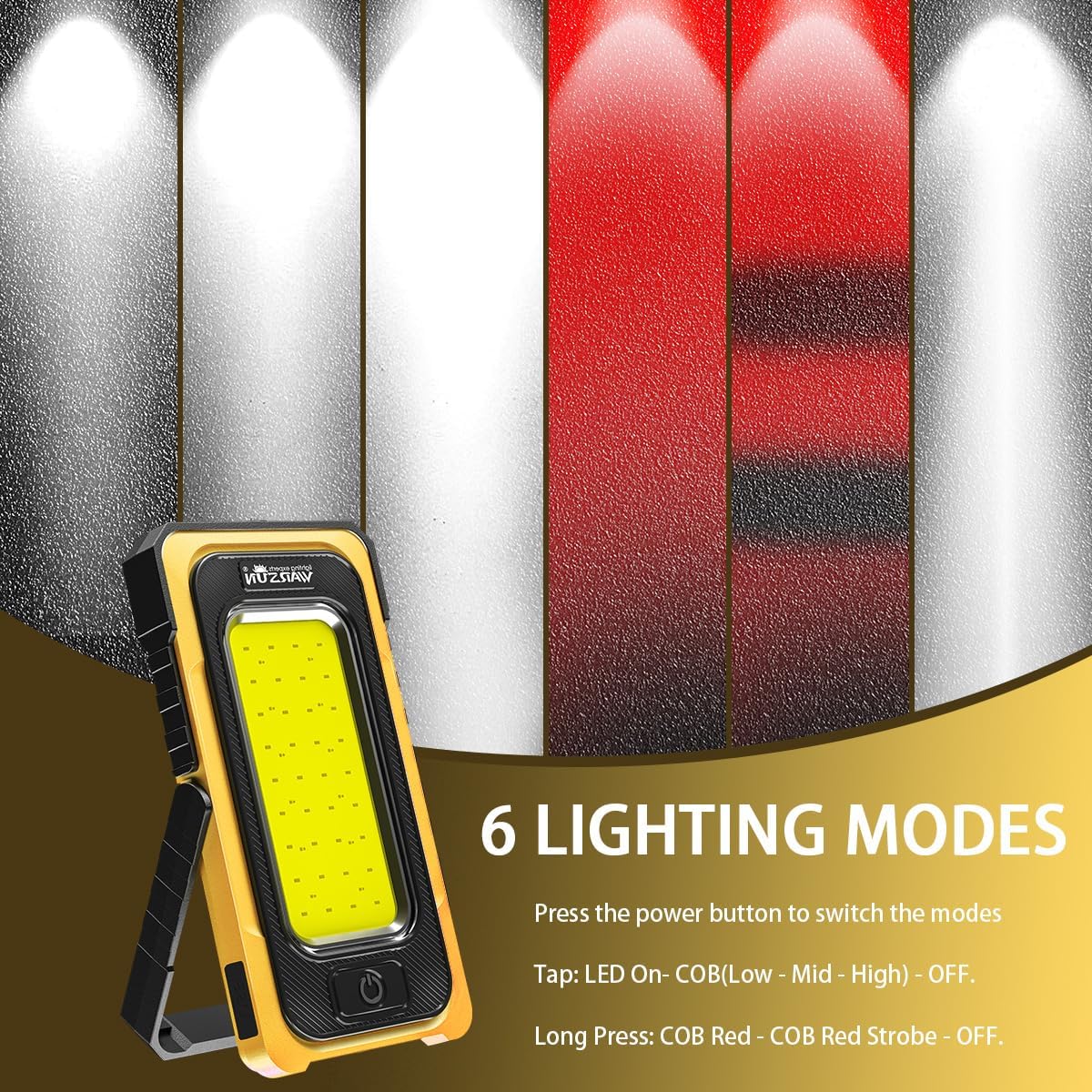 WARSUN Portable Rechargeable Magnetic Work Light, LED Flood Light Waterproof for Outdoor Camping Hiking Emergency Car Repairing (USB + Solar Charging, Yellow)