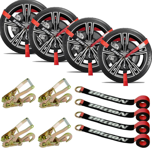 4 Pack Car Tie Down Straps for Trailers - 2" x 96" - 3,300 lbs Safe Working Load -Adjustable Wheel Straps for Hauling Cars.
