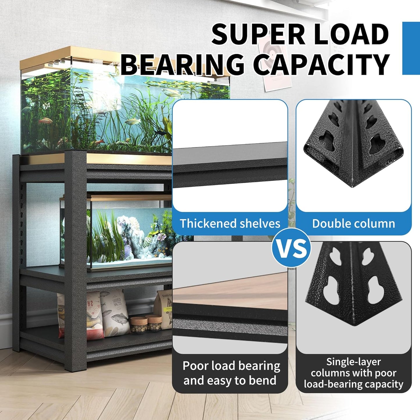 3 Tier Metal Shelving Unit, Aquarium Shelf System, Small Storage Organizer Racks for Basement Garage Laundry Utility Shelving (Black)