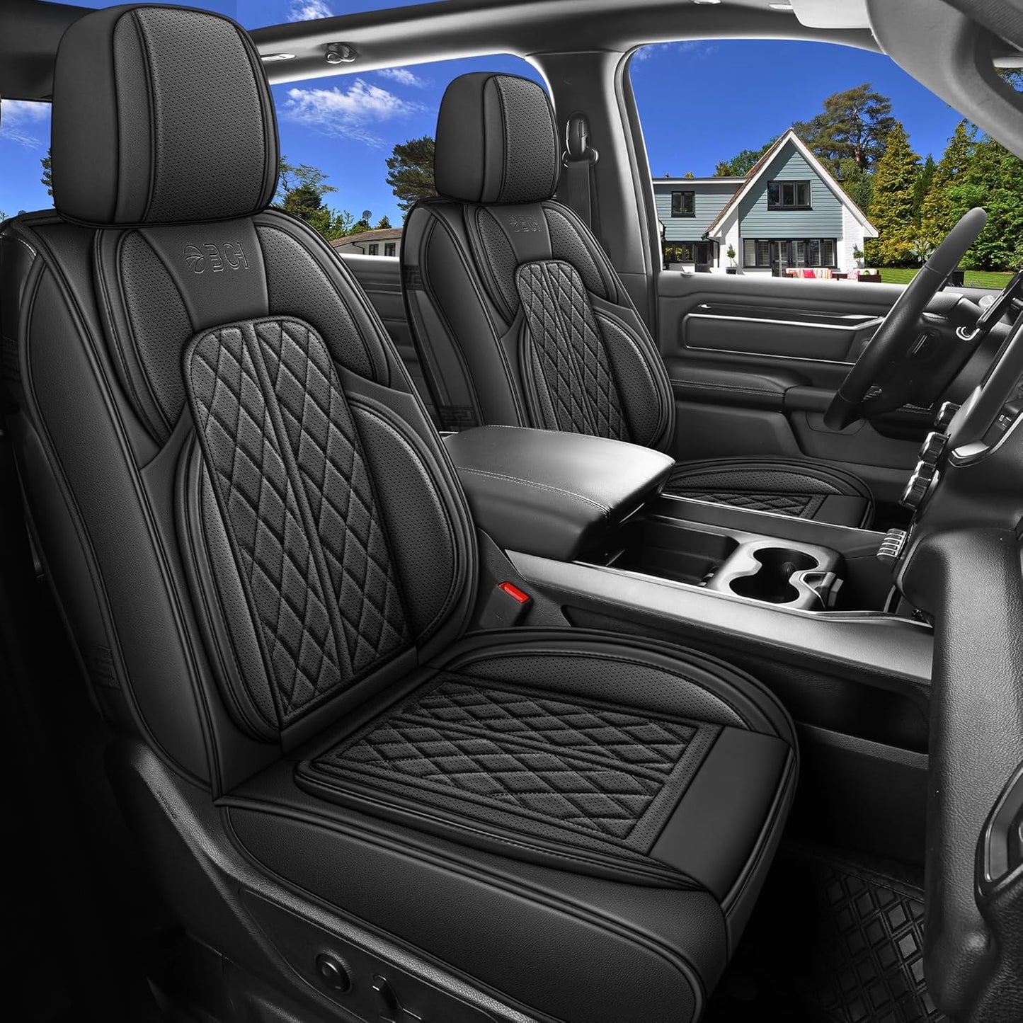 Car Seat Cover Custom Fit for Dodge Ram 1500 2500 3500 2002-2024 Faux Leather Seat Cover Set Compatible with Crew Quad Regular Cab Pickup Truck Cushions (Black, Full Set, Flat Rear)