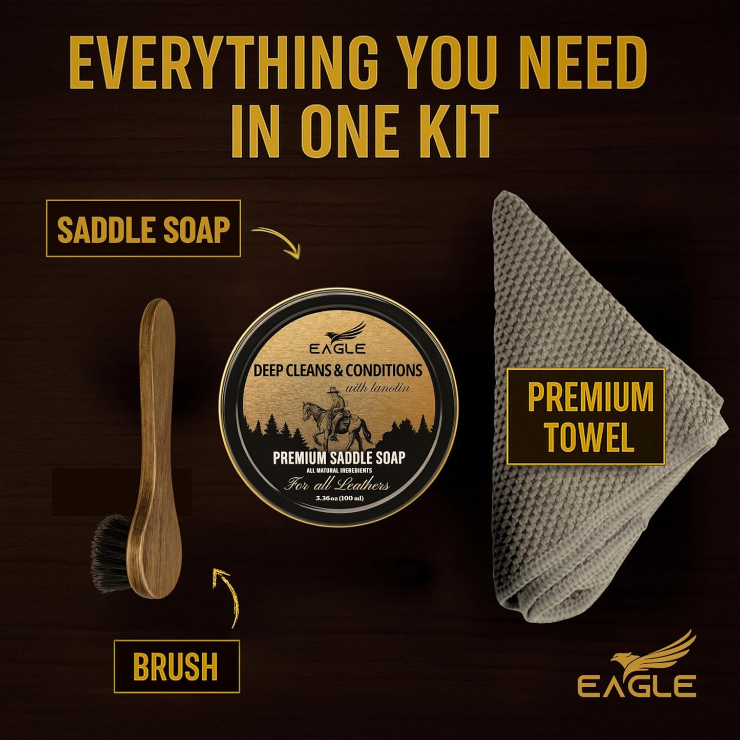 Saddle Soap for Leather – 3-Piece Saddle Soap Kit for Leather Cleaning, Boots, Tack, and Saddles – Includes Applicator and Cloth – Leather Soap and Conditioner for Leather Boots and Tack Care