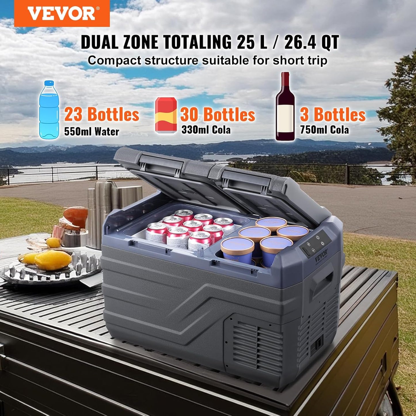 VEVOR NLS35, 12 Volt Car Refrigerator Fridge, 25Liter(26.4qt) Dual Zone Portable Freezer, -4℉-68℉ Adjustable Range, 12/24V DC and 100-240V AC Compressor Cooler for Outdoor, Camping, RV, Grey