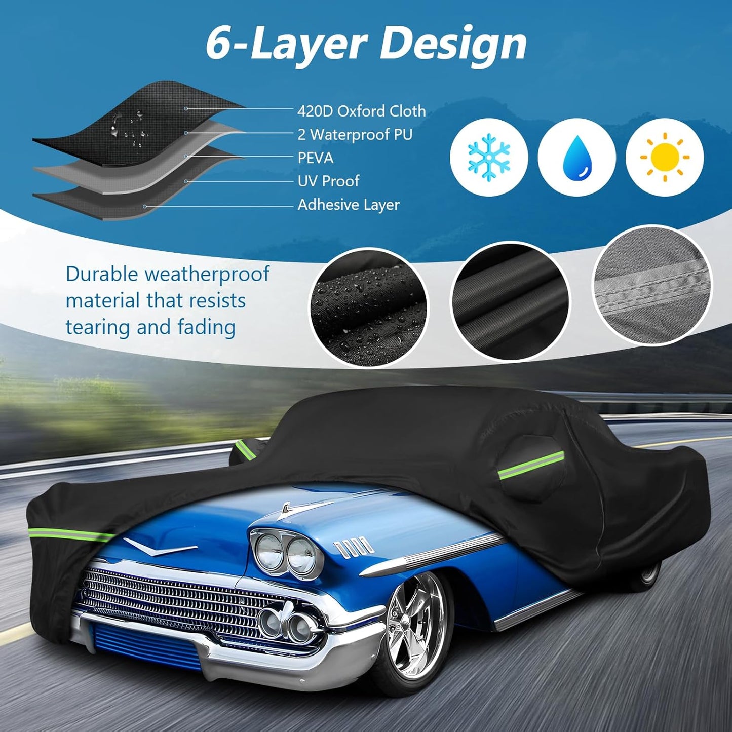 Waterproof Car Covers for Chevy Impala 2-Door/Bel Air/Biscayne 2/Sedan/Coupe 1958-1970,420D Oxford Cloth Sun Heat Protection Outdoor Covers with Driver Side Zipper Windproof Heavy Duty All Weather