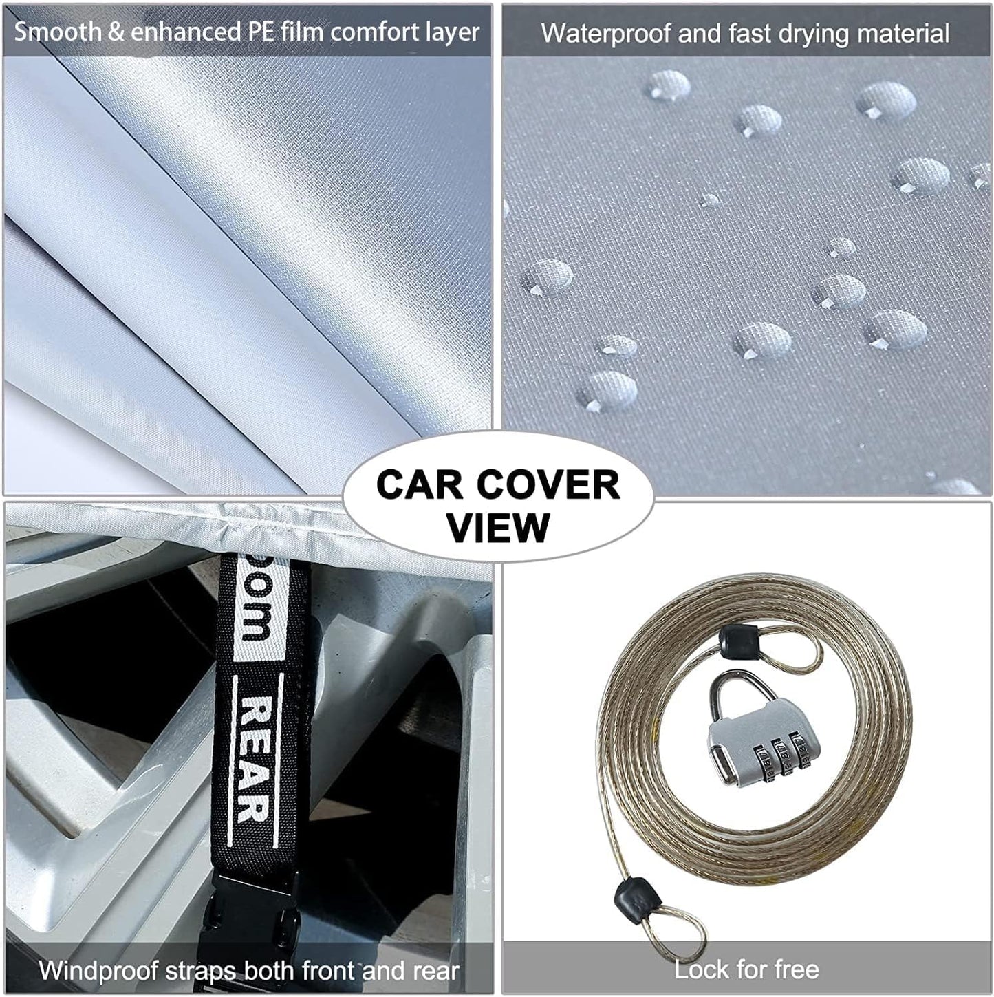 Tecoom Light Shell Waterproof UV-Proof Windproof Design Car Cover with Zipper Storage and Lock for All Weather Indoor Outdoor Fit Sedan 170-190 Inches Length