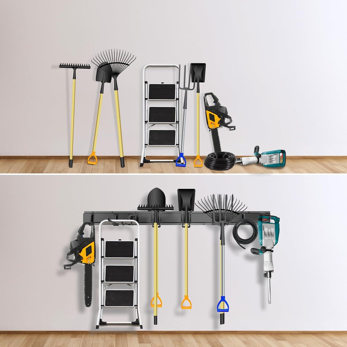 Garage Tool Organizer Wall Mount, 48-Inch Multi-Functional Garage Hooks Heavy Duty with Sliding Track, Black Coating, Non-Slip Pads, and Rubber Protectors for Garage Organization and Garage Storage